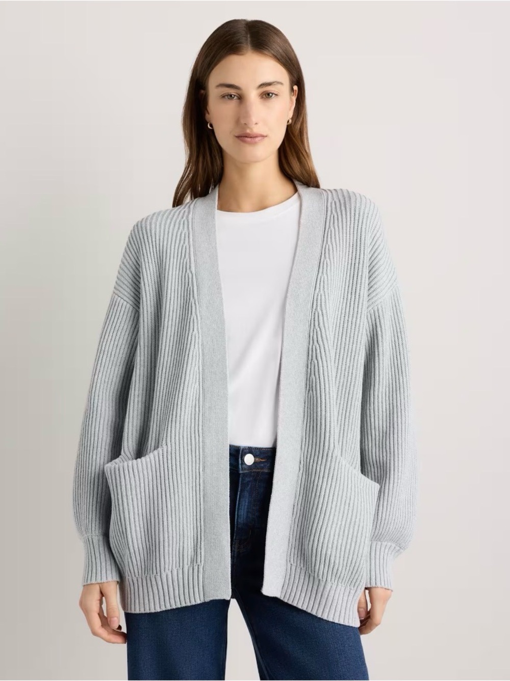 Quince Light Gray Open-Front Ribbed Cardigan